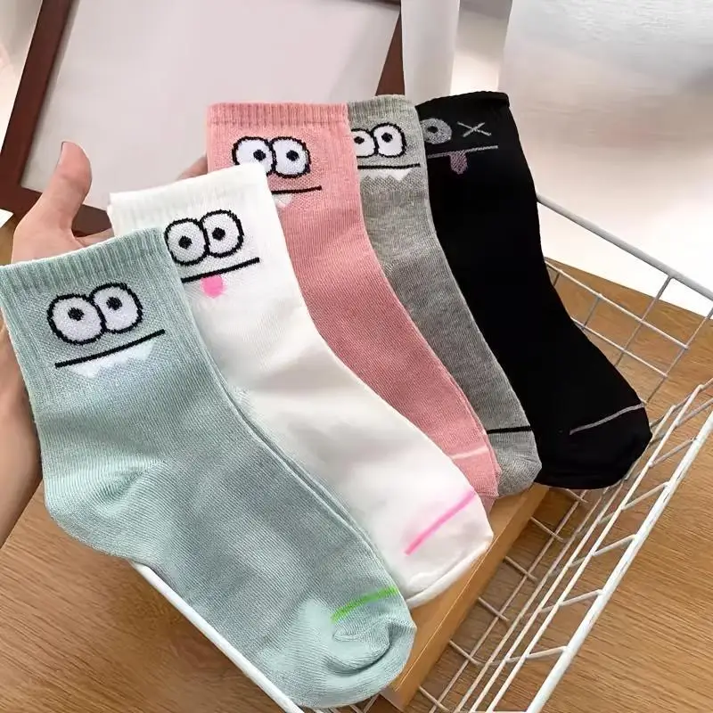 5 Pairs Cute Expression Print Socks, Comfy & Funny All-Match Mid Tube Socks, Women's Stockings & Hosiery