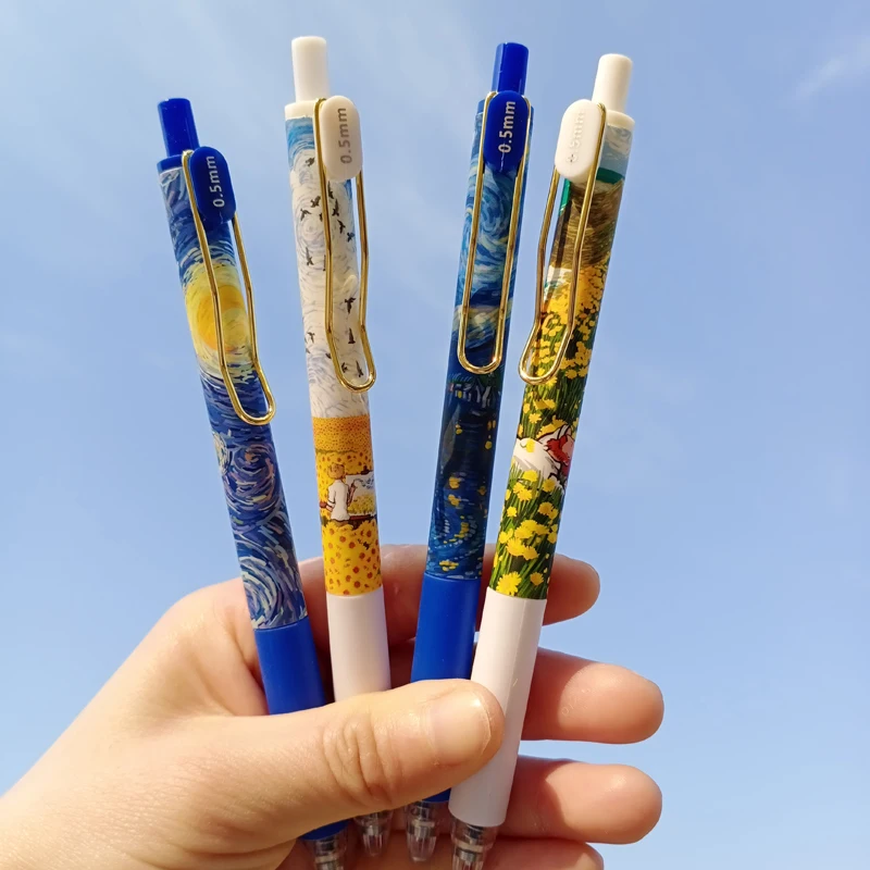 4pcs Aesthetic Pens Oil Painting pattern Metal Pen Clip Quick-Drying Black Ink ST Nib Korean Stationery Office School Supplies