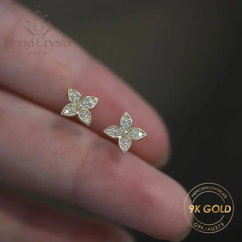 Pure 9k gold diamond four-leaf petal earrings japanese au750 earrings exquisite real gold earrings women's earrings gift