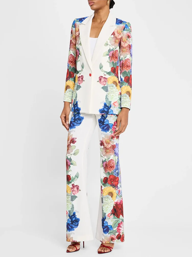 

2025 New Women Sexy Long Sleeve Print Floral White Two Pieces Pants Bandage Set Celebrity Designer Fashion Women's Set