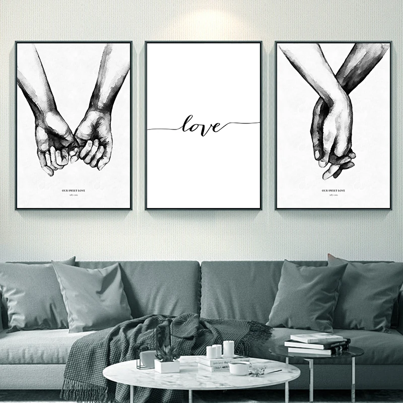 3-teiliges rahmenloses minimalistisches Schwarz-Weiß Liebespaar Hand in Hand Valentinstag Wandkunst Leinwandposter Nordisch Modern Raumdekoration