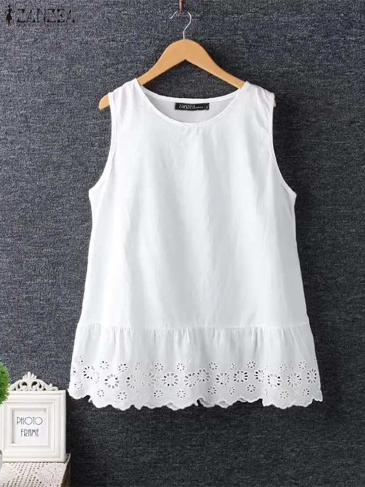 ZANZEA Women Causal Solid Color Tank Tops Elegant Spliced Lace Hem Sleeveless Tees 2024 Summer Holiday Daily O Neck Loose Camis