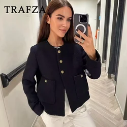 TRAFZA 2024 jesienno-zimowa Casual kurtki damskie moda Streetwear pojedyncze piersi O Neck solidne kieszenie eleganckie płaszcze damskie