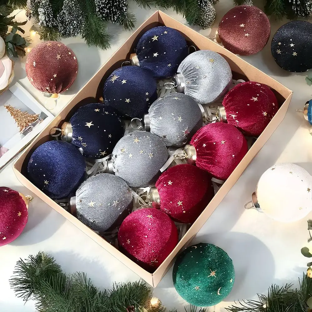 Premium Flocked Christmas Baubles Luxury Plush Hanging Ornaments Velvet Gold Thread Balls For Holiday Tree Home Decor