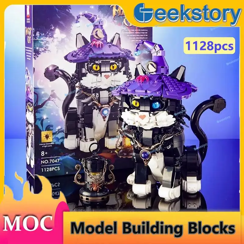 

MOC 1128 шт. + модель волшебного кота, набор строительных блоков, креативные коллекционные украшения в виде животных с огнями, головоломка, игрушки «сделай сам», кирпичи, подарки