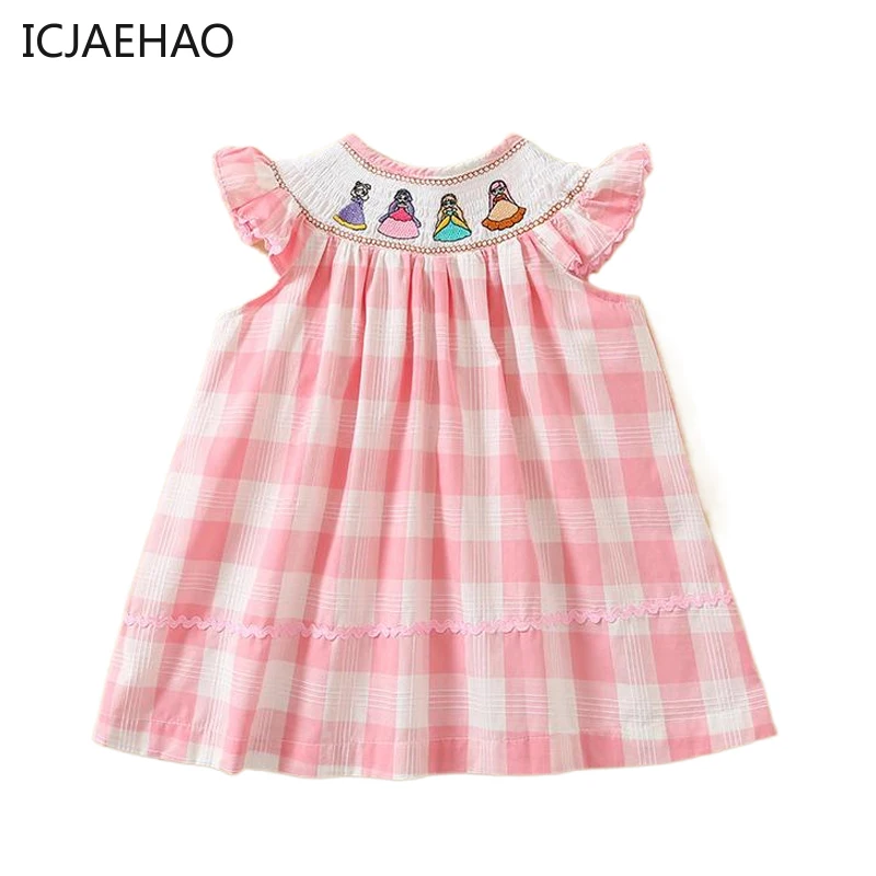 Plaid Fashion Princess Dress For Baby Girls Kids Boutique Clothing Pink Handmade Embroidery Dresses Children Flying Sleeve Frock