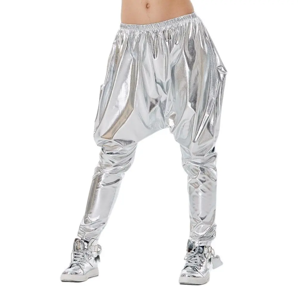 Heroprose Spring Summer Personality Silver Kids Adult Big Crotch Trousers Stage Performance Harem Hip Hop Dance Skinny Pants