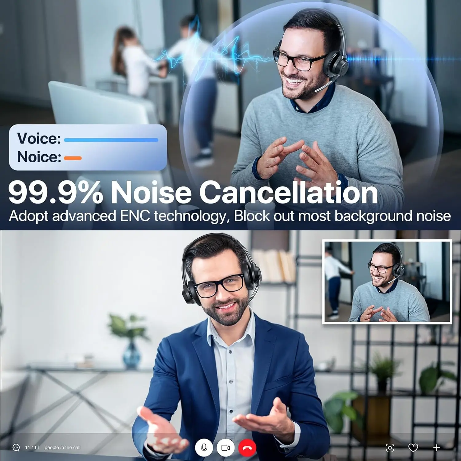 Bluetooth-Headset, kabellose Bluetooth V5.4-Kopfhörer mit Mikrofon, kabelloses Multipoint Connect-Headset mit Geräuschunterdrückung und Mikrofon – Detail 22