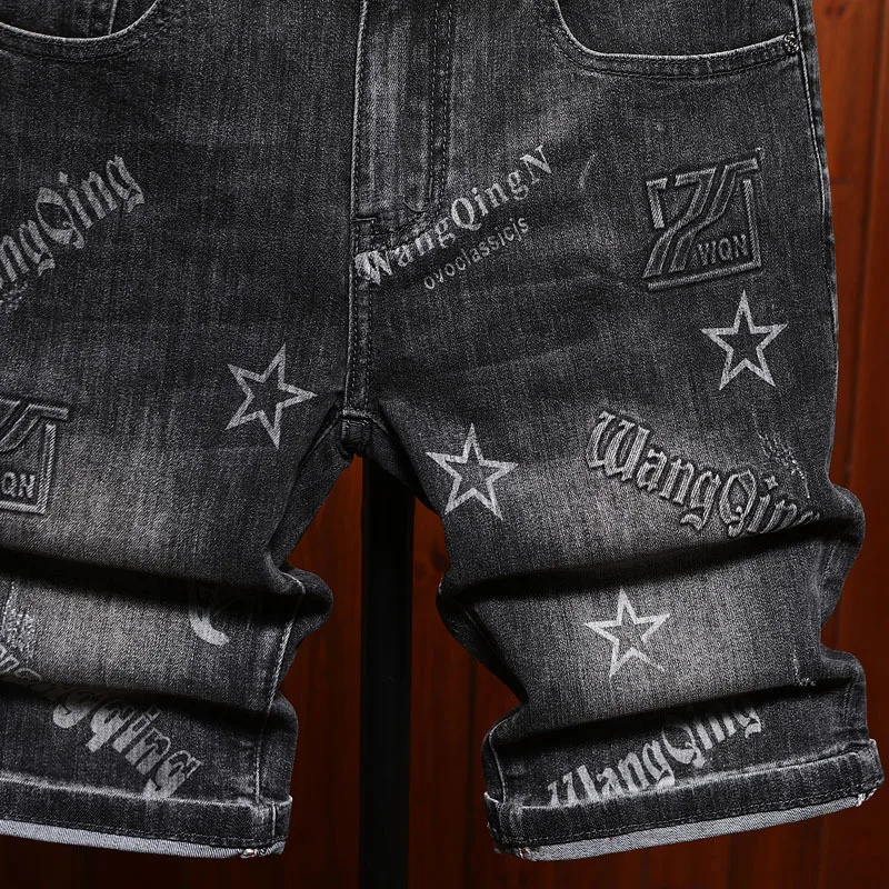 2025 summer thin denim shorts for men's fashion, light luxury printed design, elastic slimming trend, quarter pants