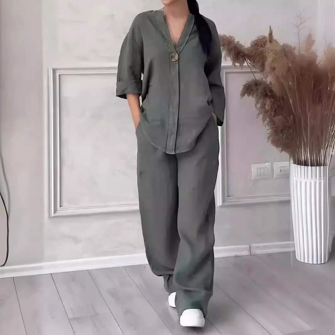 Muslim Sets Women 2 Piece Suit Shirt Wide Leg Pants Outfits 2025 Ensemble Button Lace Up Elastic Waist Blouse Straight Trousers