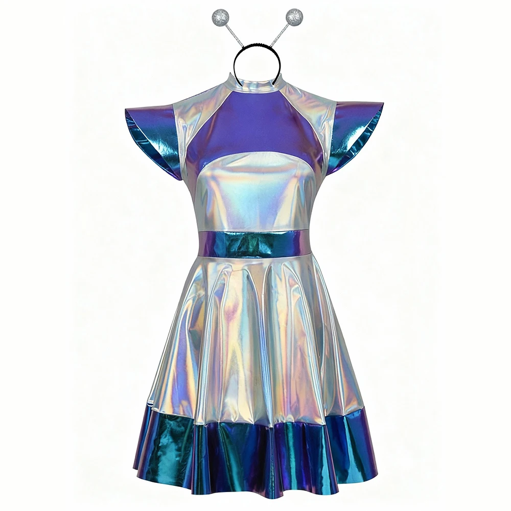 Kids Alien Cosplay Costume Ai Holographic Robot Dress with Headband Sunglasses Halloween Carnival Party Outfit for Girls view 5