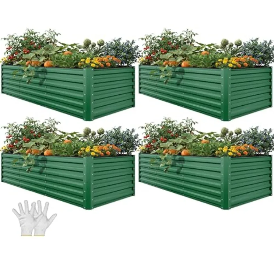 

Комплект из 4 оцинкованных приподнятых грядок 8x4x2 фута, большой металлический ящик для растений с перчатками, защитными резиновыми опорными стержнями, для уличных цветочных грядок
