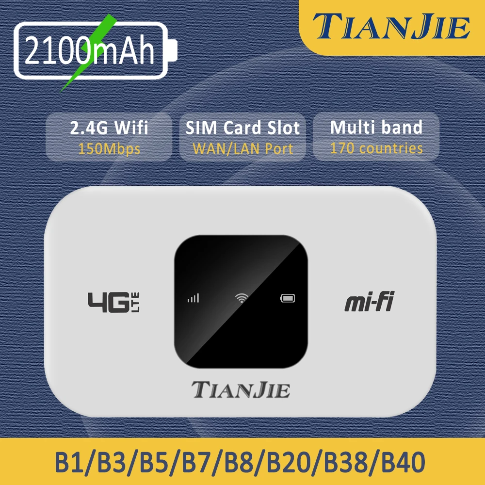 TIANJIE 4G Pocket Wifi 150Mbps 2.4G Wireless Wi-Fi Router CAT4 4G LTE Mobile Router Portable Hotspot Modem 2100/3000mAh Battery