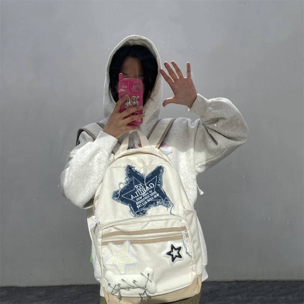 Fashion Denim Letter Star Girl Backpacks Sweet Casual Korean Schoolbag Y2k Aesthetic Contrast Color All Match Backpack Women