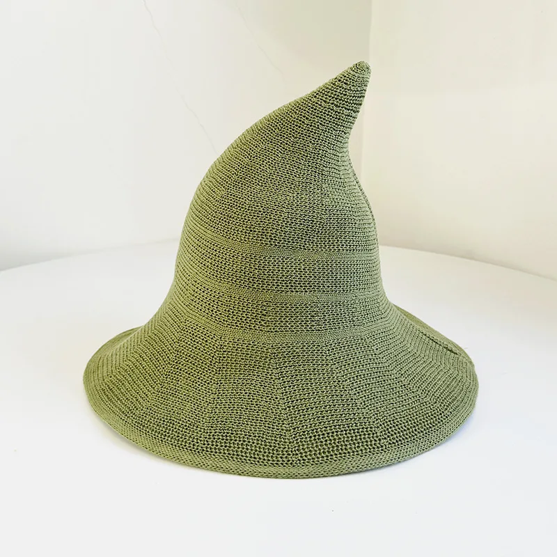 Solid Color Knit Wizard Hat Foldable Wide Brim Witch Cap Halloween Festival Dress Up Headwear