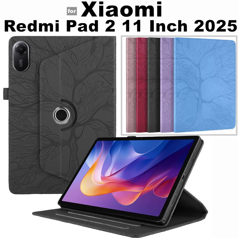 

for Xiaomi Redmi Pad 2 Pad2 11 Inch 2025 360 Rotate Tablet Case Kickstand Wake Emboss Life Tree Leather Flip Cover