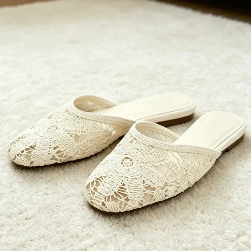 

Elegant Hollow Embroidered Design Flat Slippers Woman Casual Light Backless Mules Comfortable Breathable Non-Slip House Shoes