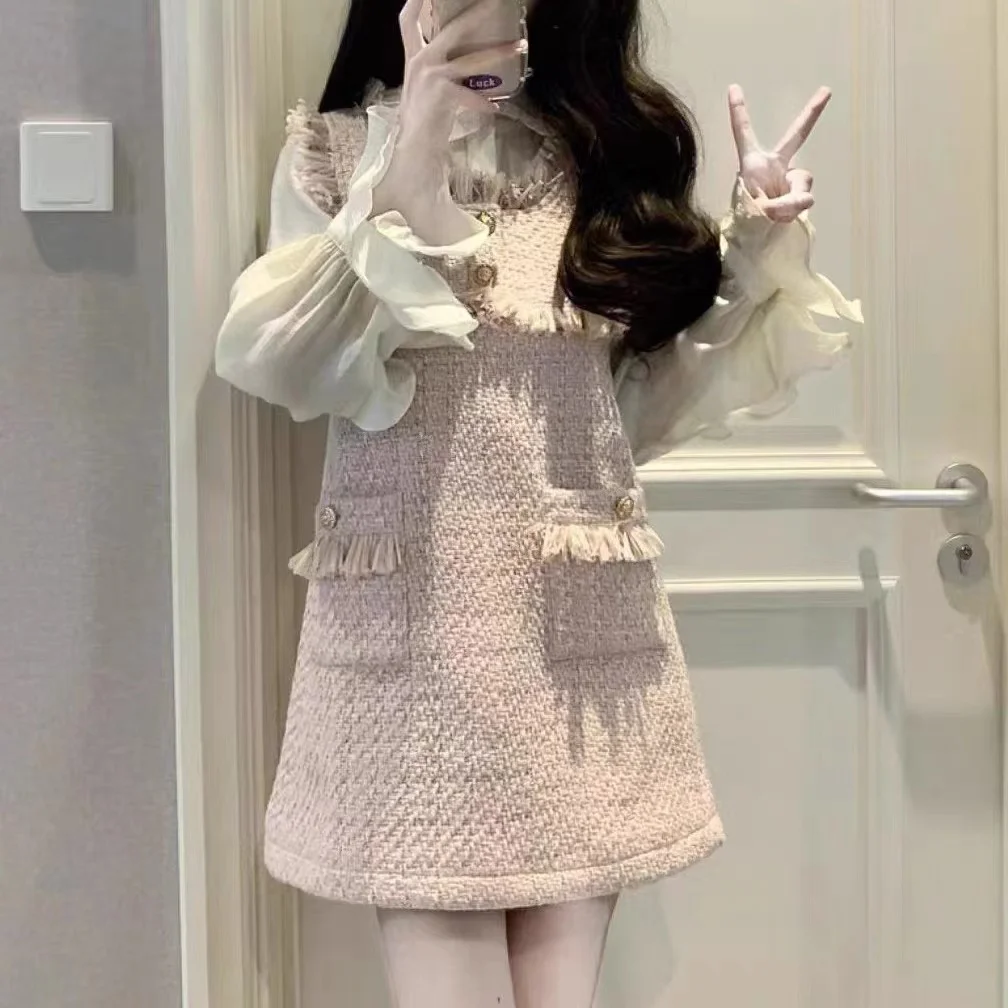 مجموعة أوائل الخريف الصغيرة المعطرة اليابانية طالبة فضفاضة شرابة سترة فستان قميص فرنسي قطعتين مجموعة