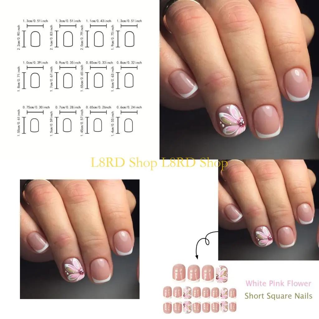 

L8RD 24x Flowers Press On Short Square False Full Cover on