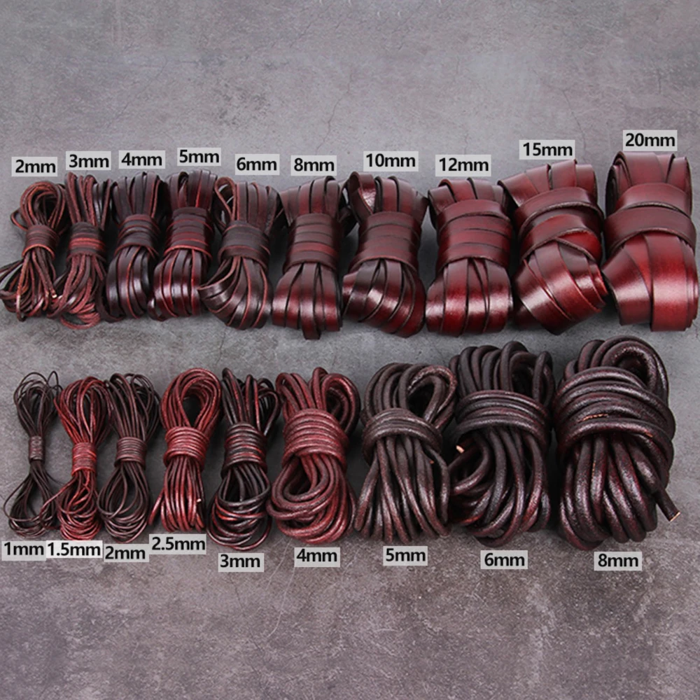 2/3/4/5/6/8/10mm 2meter Retro Coffee Cow Leather Strap Findings Flat/Round Leather Cord String Rope DIY  Bracelet Making