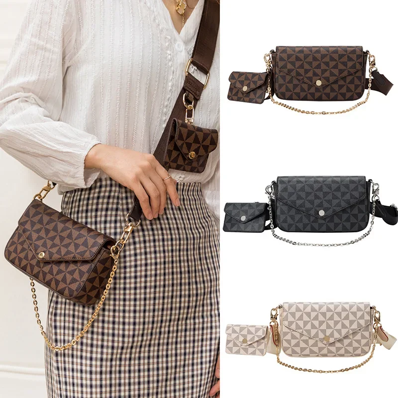 

Luxury women's niche design printed plaid chain small square bag versatile two-piece set small bag single shoulder crossbody bag