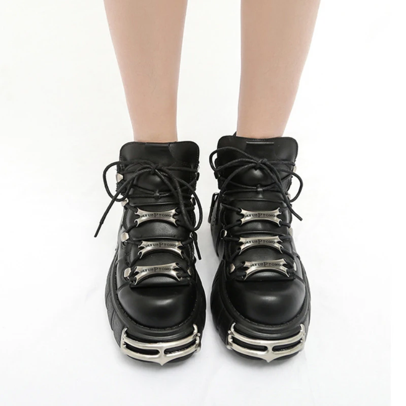 Punk Style Women Shoes Lace-up Heel Height 6CM Platform Shoes Woman Gothic Ankle Rock Boots Metal Decor Woman Sneakers Platform