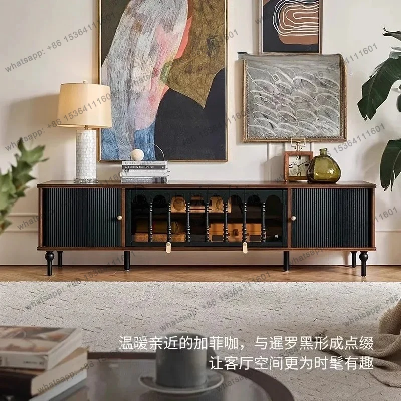 

FG52French retro solid wood TV cabinet black American living room medium and ancient style floor-to-ceiling storage integrated