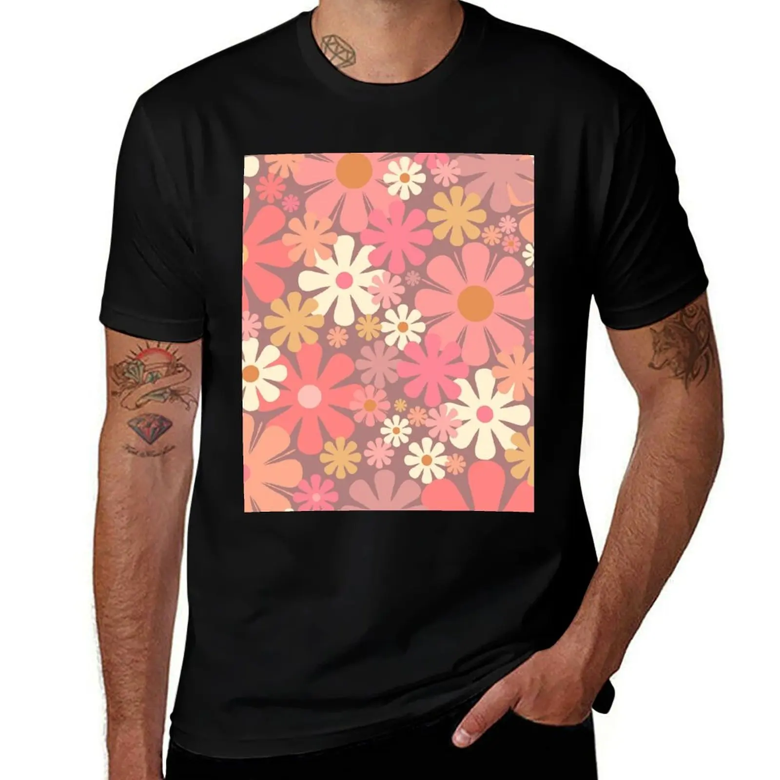 Retro Flowers 60s 70s Aesthetic Floral Pattern Pink Mauve and Blush T-Shirt t shirts for man cotton T-Shirt