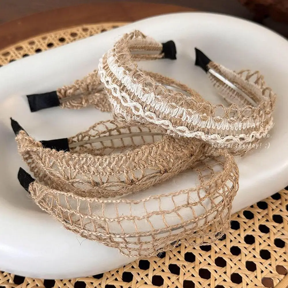

Boho Weaving Head Hoops Hand-Woven Linen Hair Hoop Women Girls Hair Band Wide-Brimmed Headband Hollow Out Hairbands Headdress
