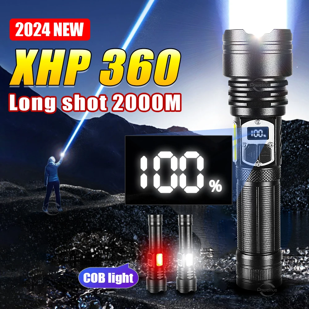 

2024 New XHP360 COB Rechargeable LED Flashlight 2000 Meters Super Powerful Torch High Power Flash Light Type C Tactical Lantern