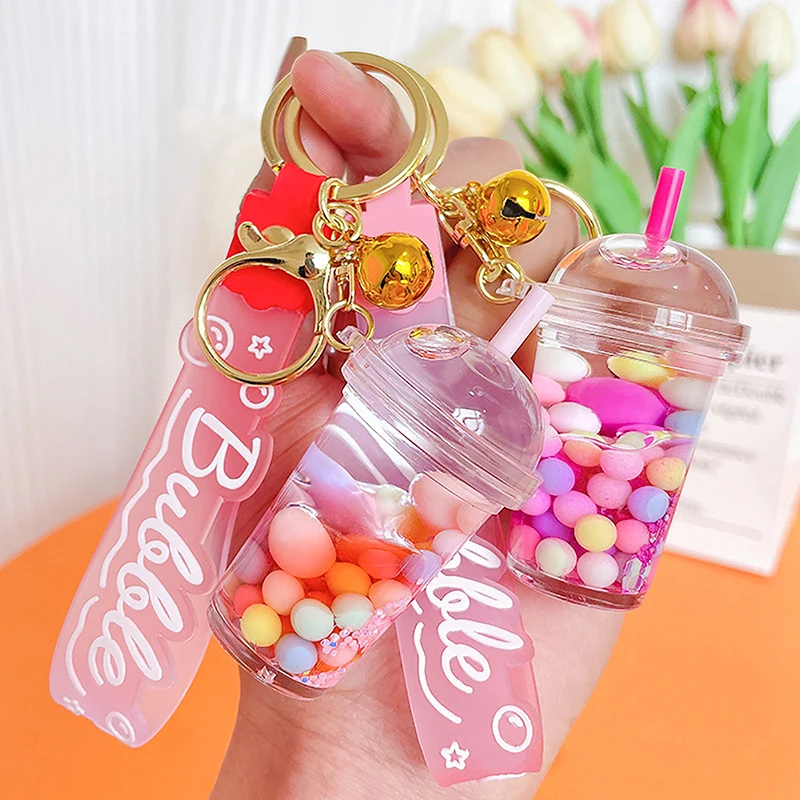 Cute Liquid Pearl Milk Tea Cup Astronaut Key Chain Creative Quicksand Floating Jelly Bean Keyring Backpack Pendant Keychain Gift