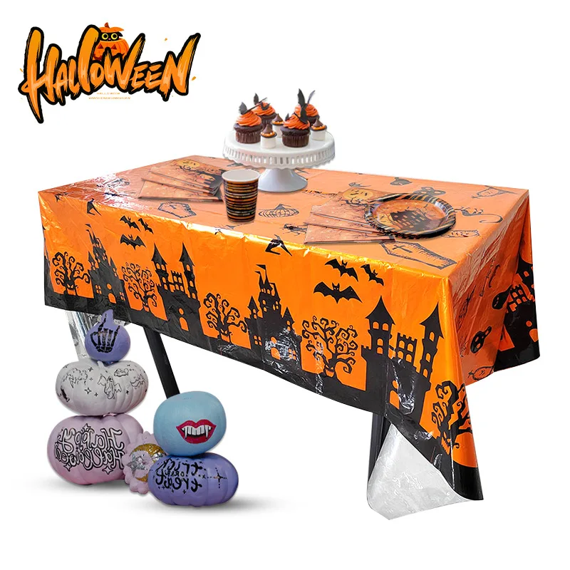 Orange Black Horror Ghost Table Cover Happy Halloween Tablecloth for Trick or Treat Theme Home Decoration Party Suppiles