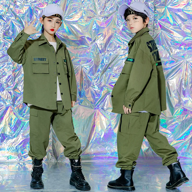 Kids Concert Hip Hop Clothing Army Green Jacket Streetwear Military Tactical Cargo Pants For Girls Jazz Dance Costume Clothes