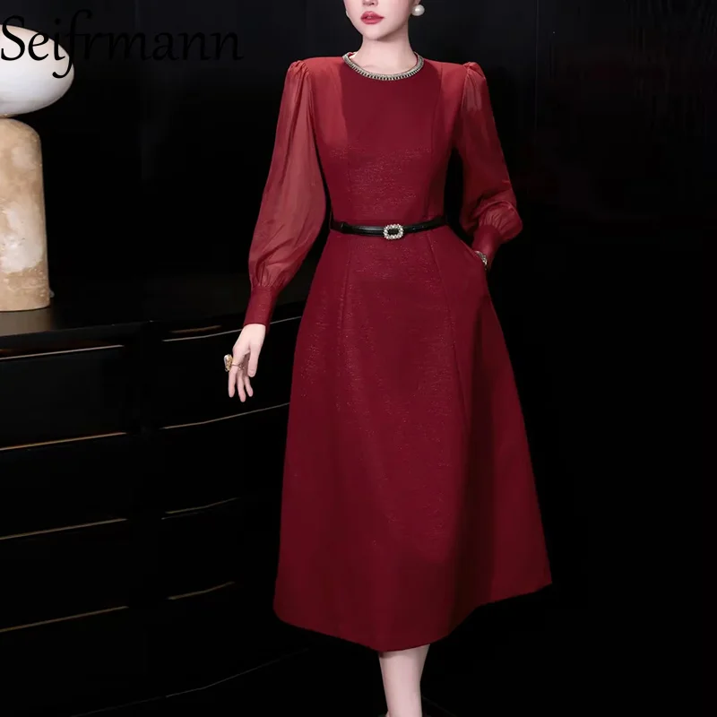 

Seifrmann Chic Elegant Designer Dresses Autumn Lantern Sleeved Beaded Solid women's evening dresses With Belt