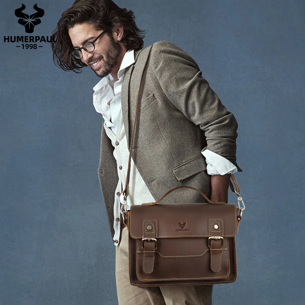 Bolso cruzado de cuero Crazy Horse, bolso de hombro Retro de piel de vaca con capa superior para hombre, bolso cuadrado pequeño con solapa de cuero para ir al trabajo