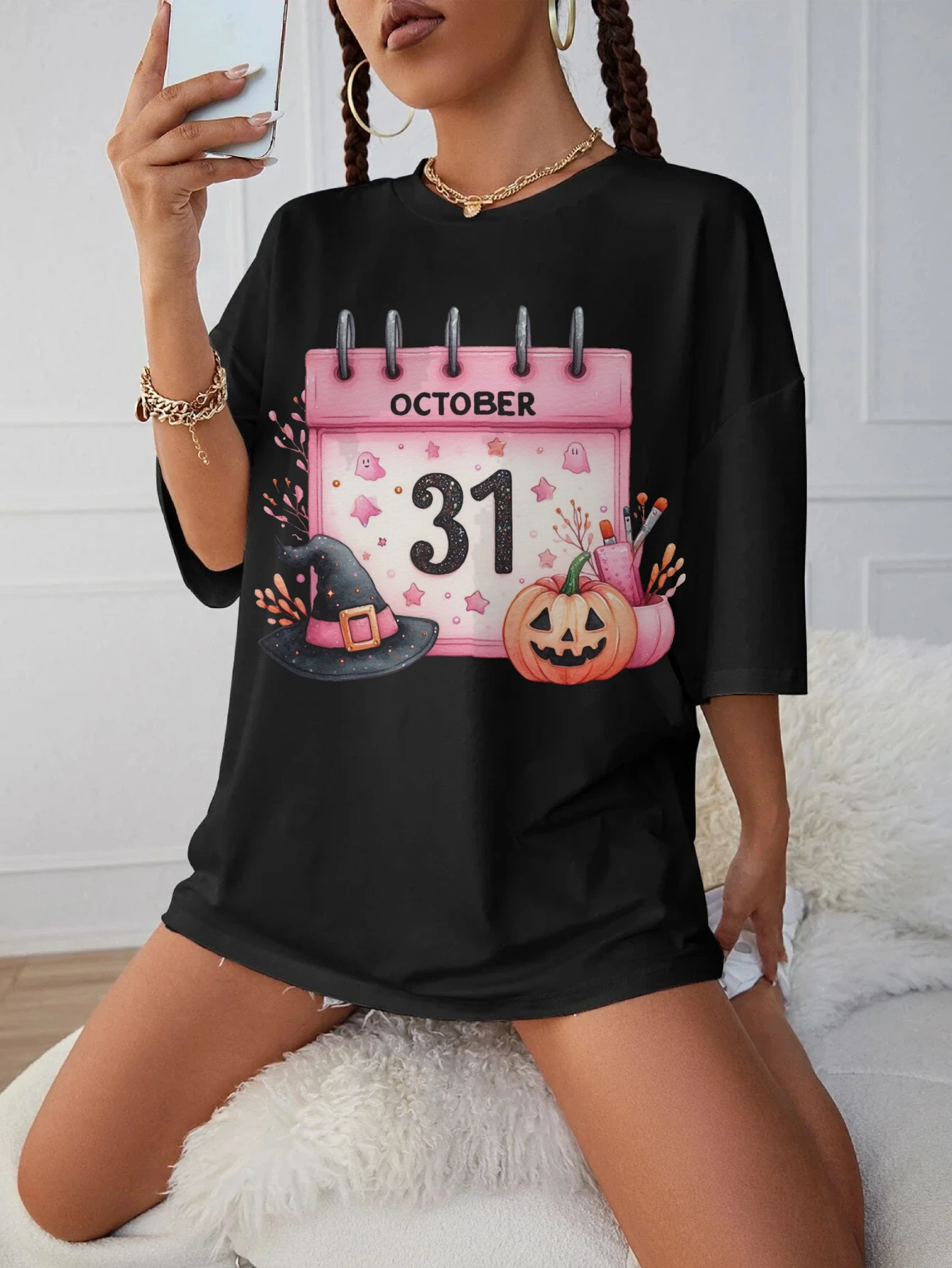 

Pink-Halloween-Clipart-Cute-Halloween Black Round Neck T-Shirt Loose Fit Comfortable Women's Maternity Wear for Late Pregnancy