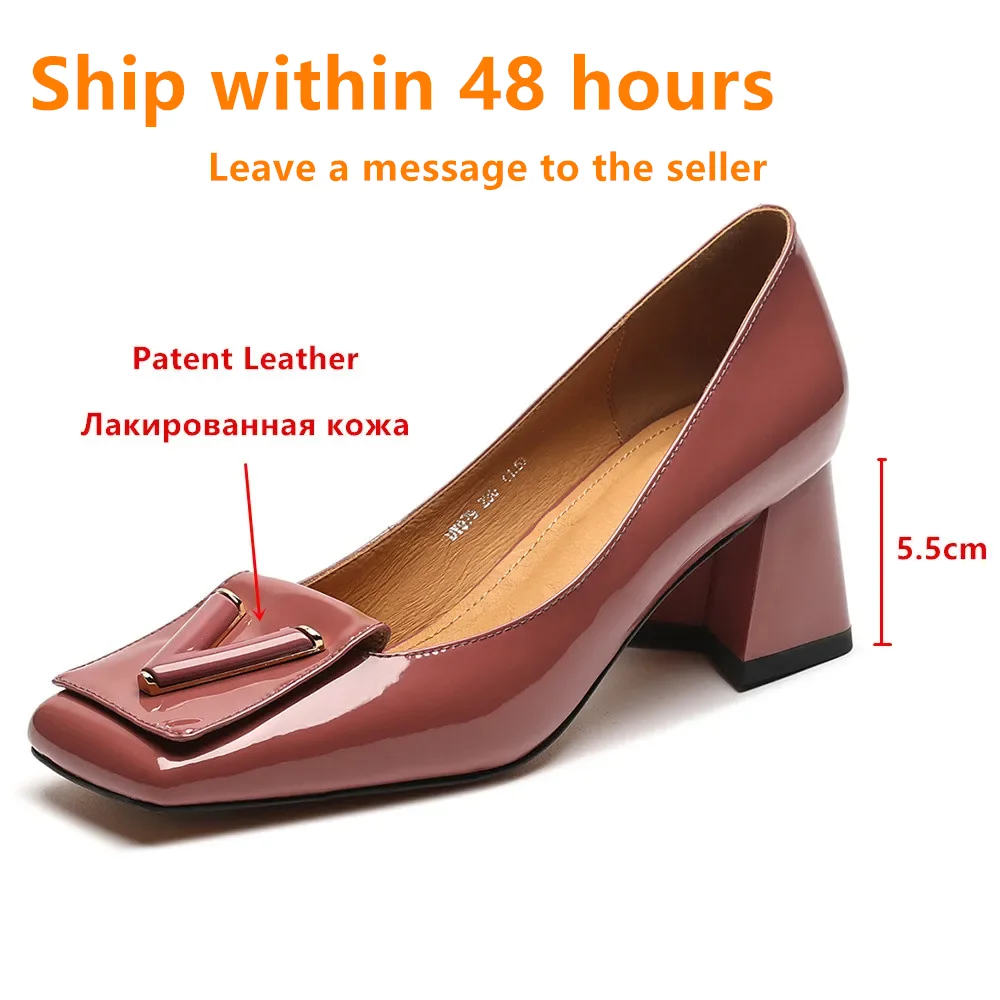 Aucegi Spring Summer Elegant Pumps Fashion Ladies Genuine Leather Square Toe Casual Med Heels Female Shallow Party Dress Shoes