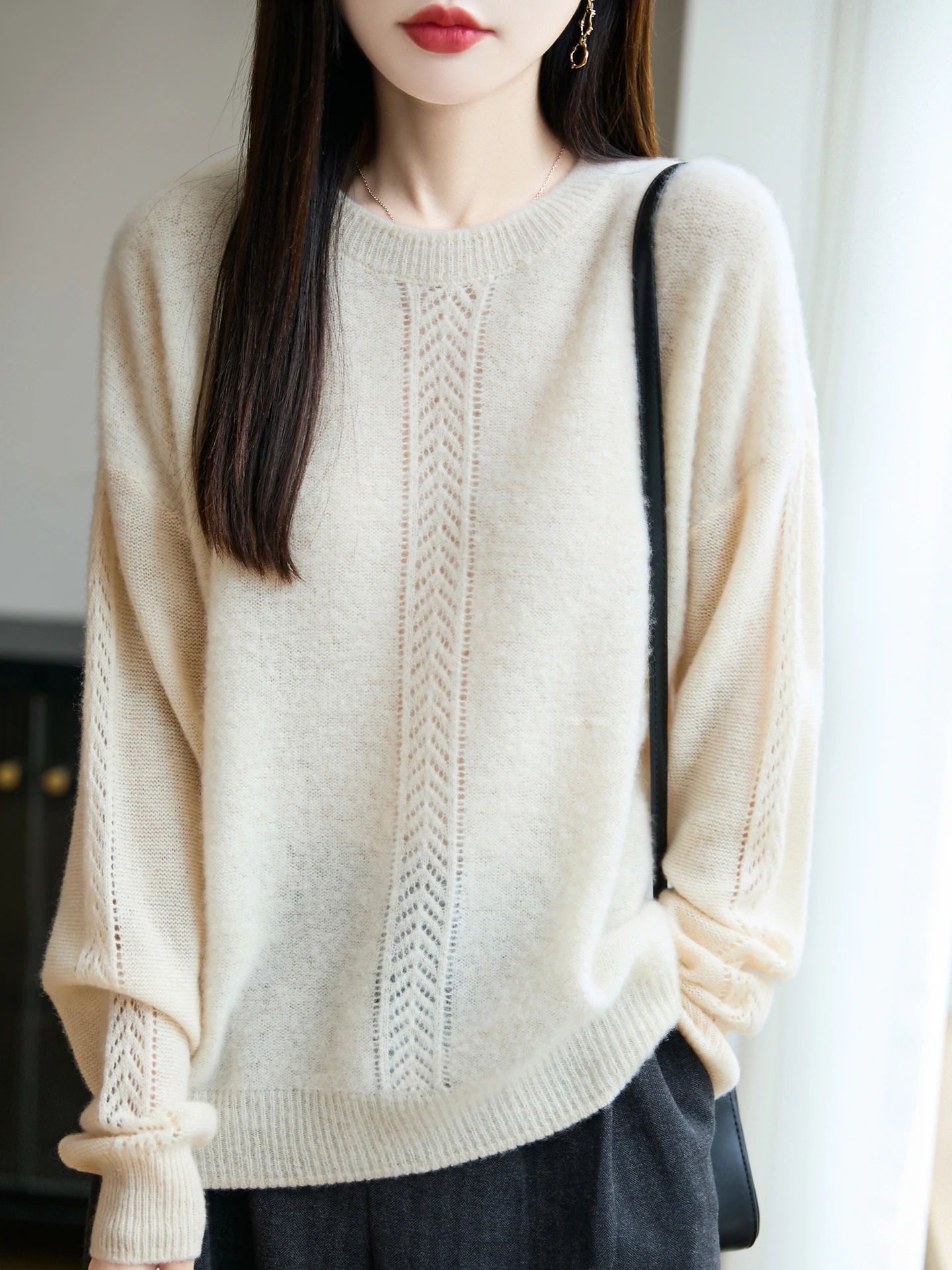 

TLOML Chic Women 100% Merino Wool Thick O-neck Lace Hollow Pullover Solid Sweater Cashmere Knitwear Autumn Winter Soft Warm Tops