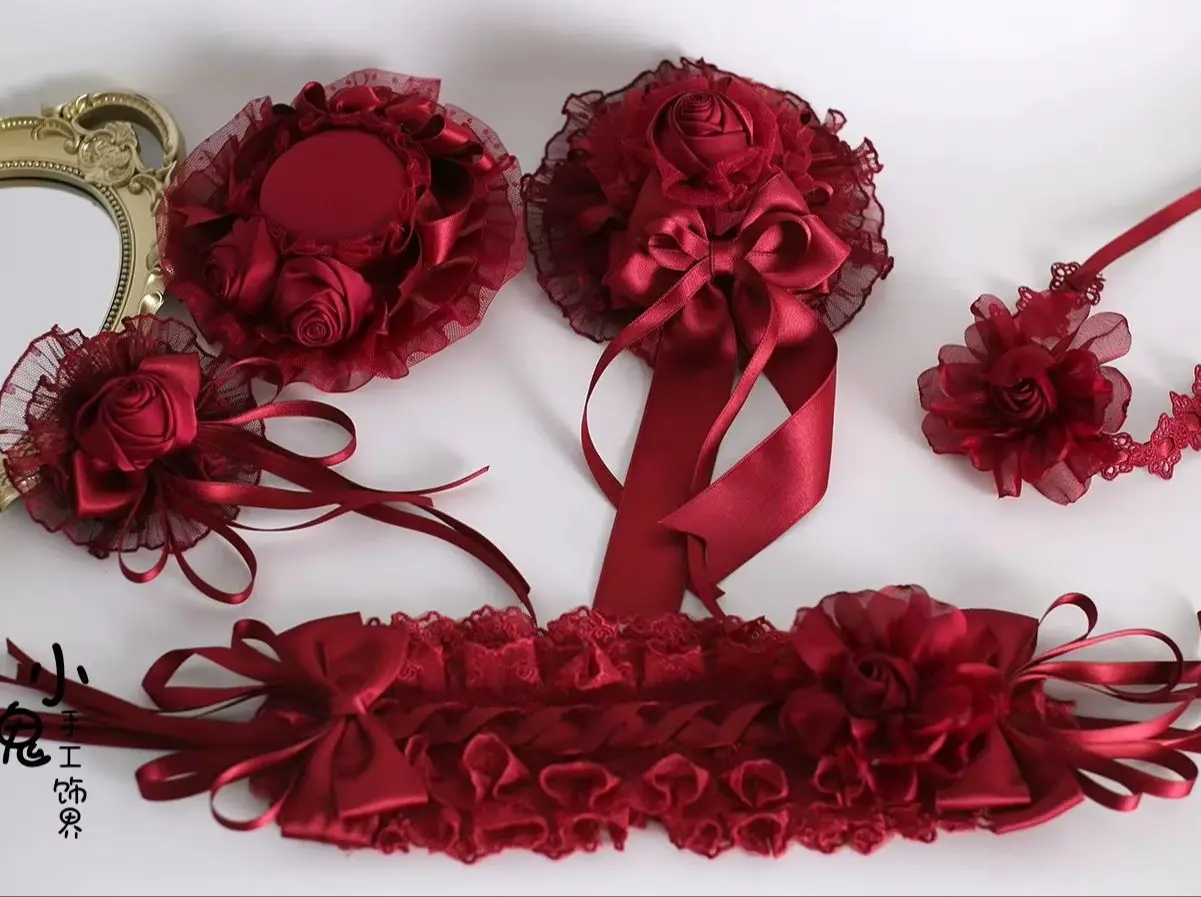 

Lolita Red Hair Accessories Original Halloween Cosplay Hairpin Gorgeous Veil Flower Ball Bowslace Hairband Sweet Girls Headband