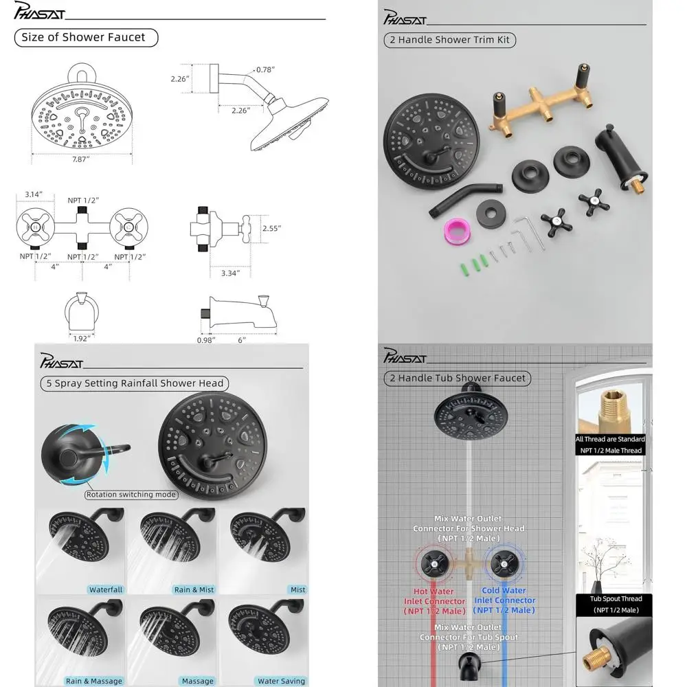 Matte Black Tub Shower Faucet Set with Spout and Trim Kit for Bath Installation
