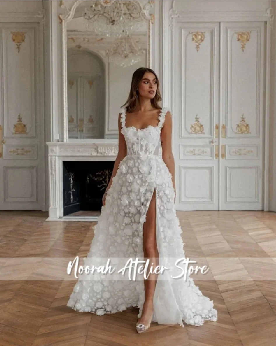 Vestido de novia personalizado con tirantes finos y flores, vestidos de noche con abertura alta para mujer, vestido de novia de celebridad de Dubái 2025