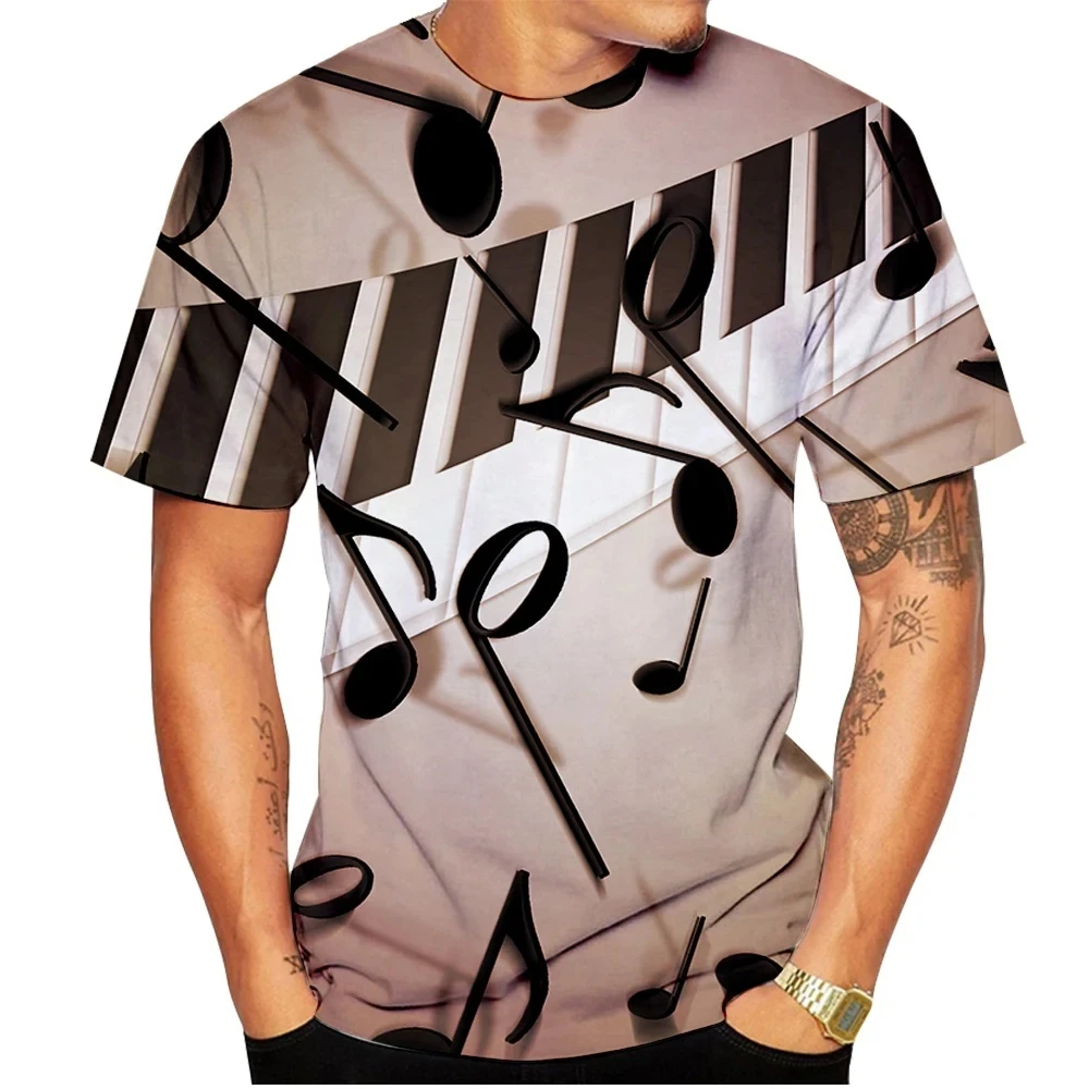 Fashion New Music Note Printing T-shirt Cool Men's Street Top Popular Elements Plus Size Round Neck Short Sleeve