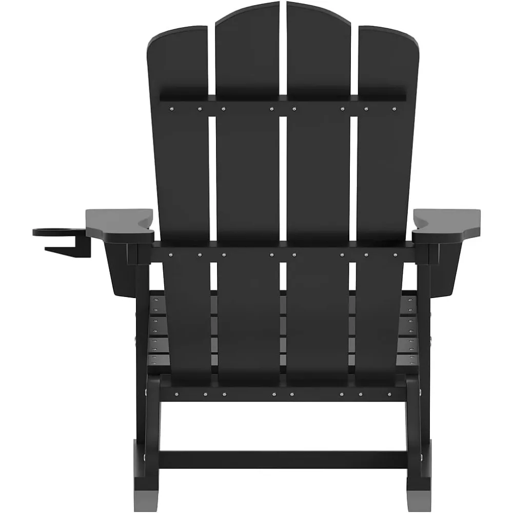 Halifax Adirondack Rocking Chair with Cup Holder, Weather Resistant Poly Resin Adirondack Rocking Chair, Black