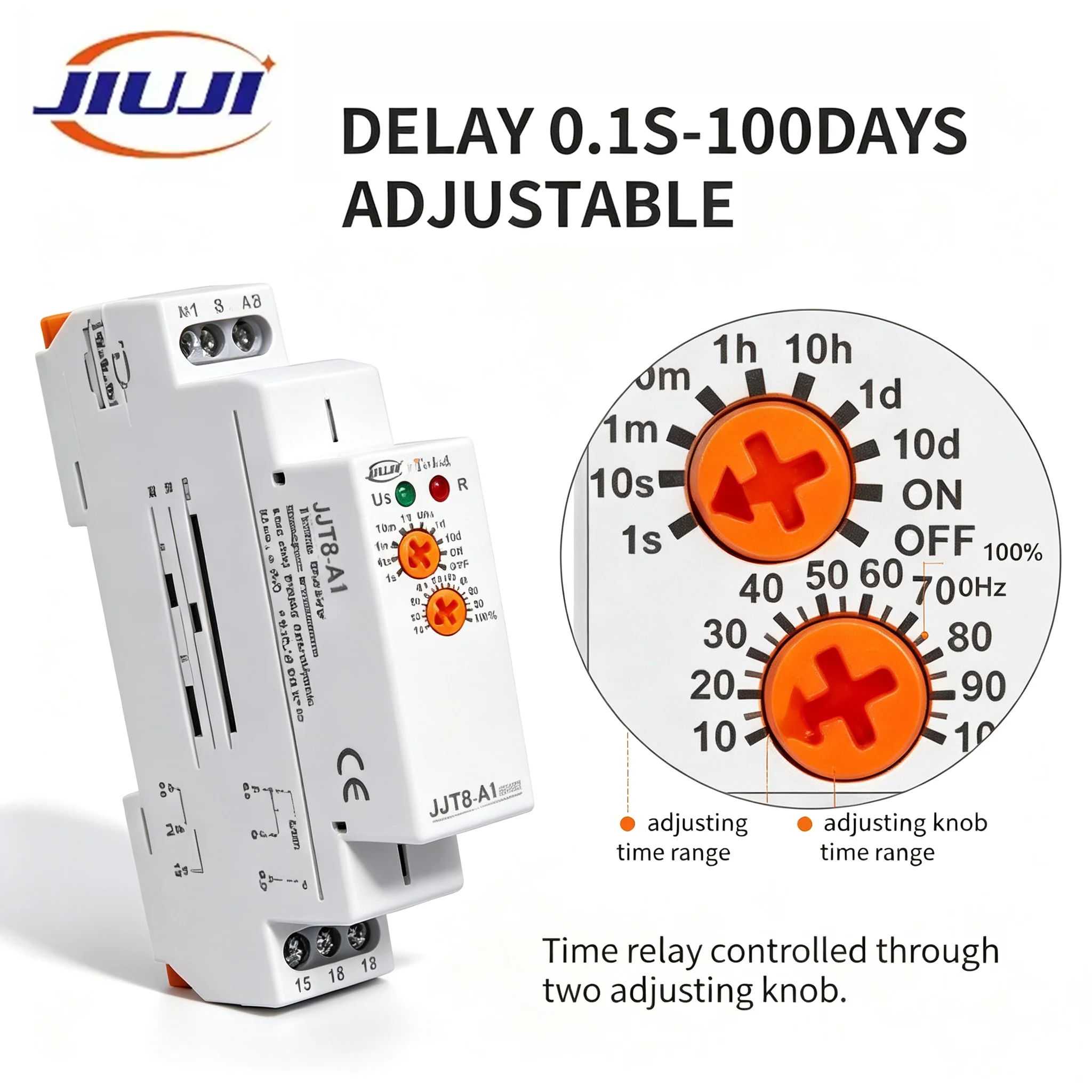 JIUJI JJT8‑A1/B1/M1/S1 Din Rail Timer Delay Relay AC220V 16A Adjustable ON‑OFF Time Switch 0.1s‑100 Days Time Relay