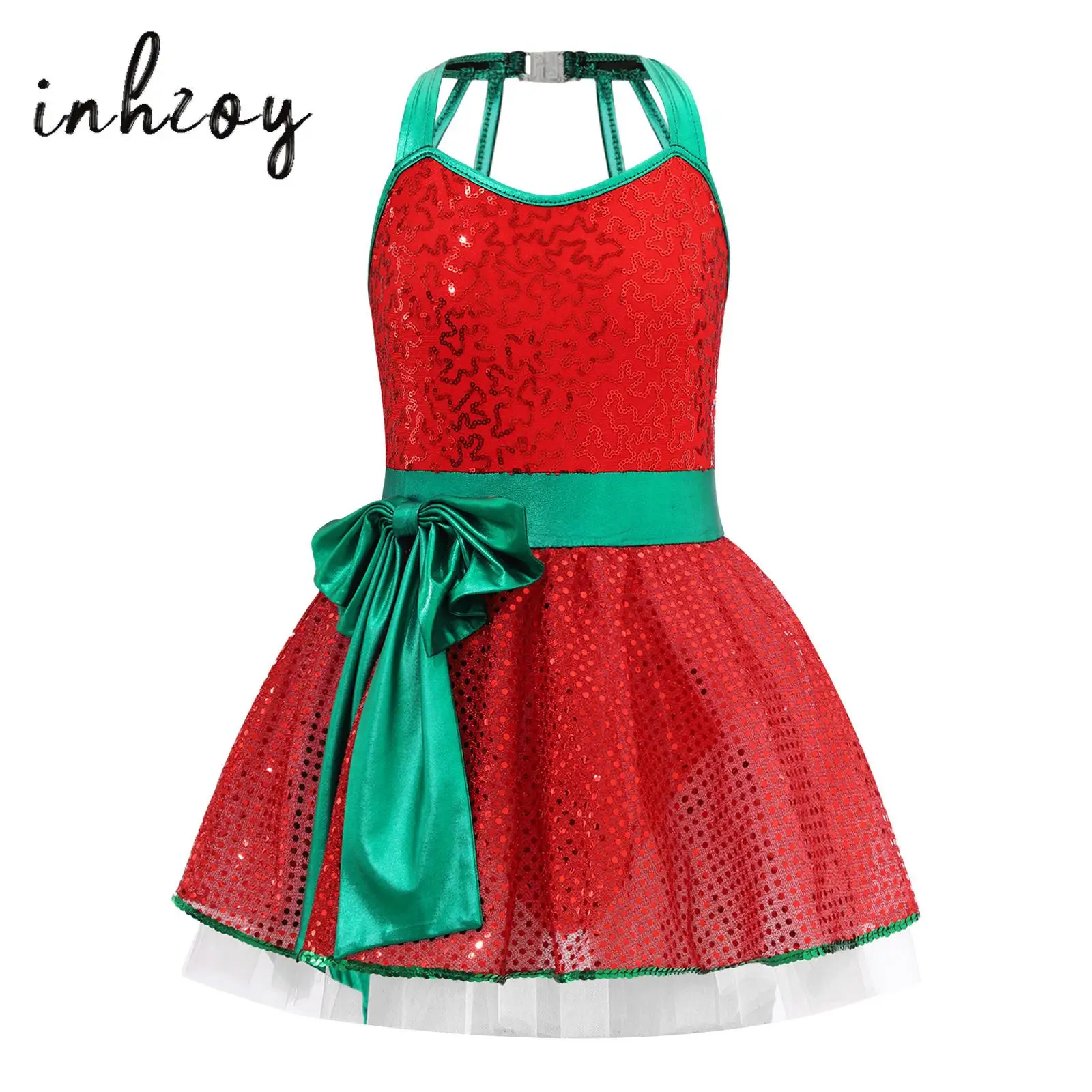 

Kids Girls Christmas Dance Costume Big Bow Sequins Santa Claus Leotard Dress Ballet Gymnastic Ice Skating Roller Dancewear