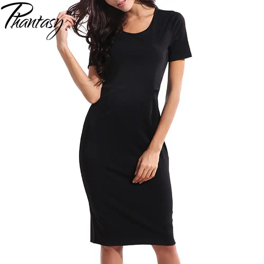 

Phantasy Black Office Lady Dress Women Short Sleeved Dress Summer Elegant Gown O Neck Fashion Slim Outfit Casual Streetwear