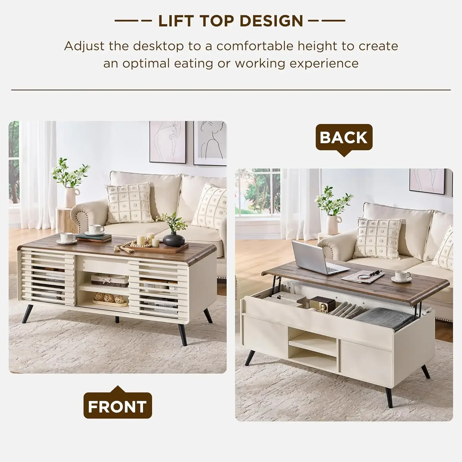 48" Lift Top Coffee Table with Slatted Sliding Door, Mid Century Modern Center Table with Hidden Storage Compartment