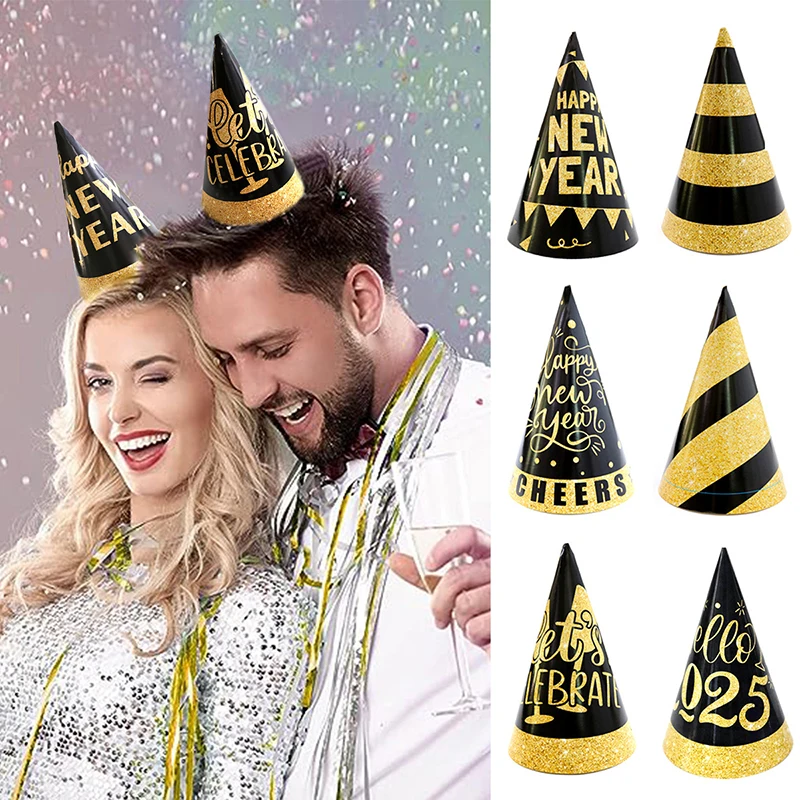 6pc/pack Black Gold Color Happy New Year Paper Hat Cute 2025 New Year Paper Hat Photograph Props Home Party Headwear Decoration