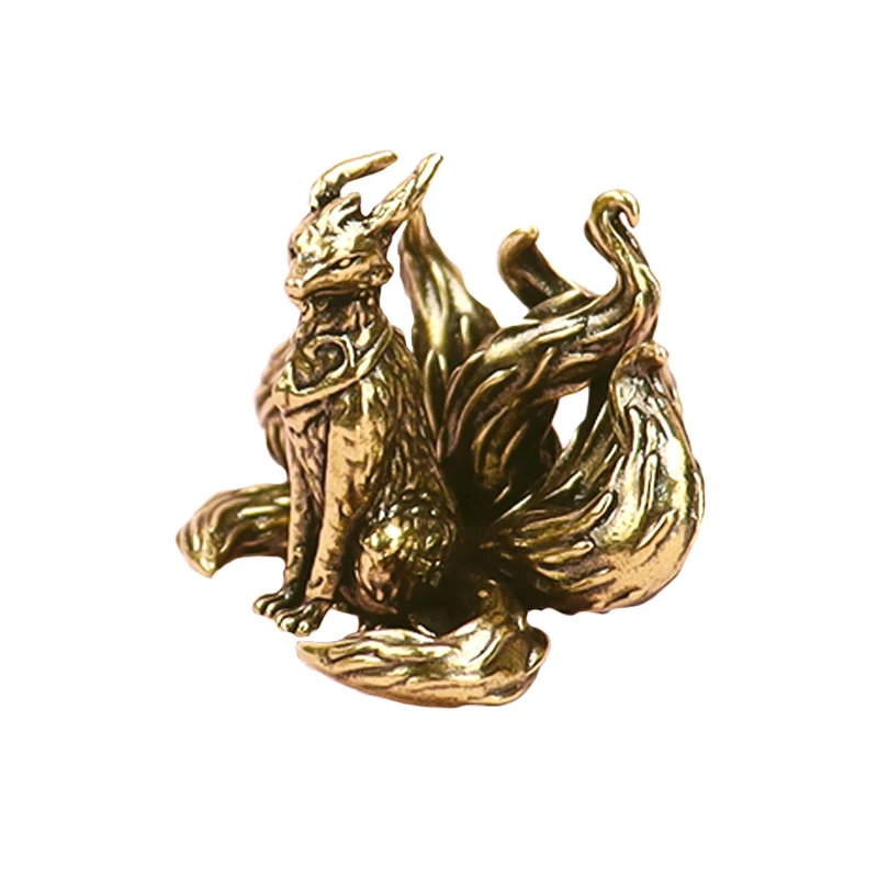 Miniature Antique Brass Lucky Nine Tailed Fox Figurines Feng Shui Ornament Copper Animal Mini Office Desktop Crafts Home Decor