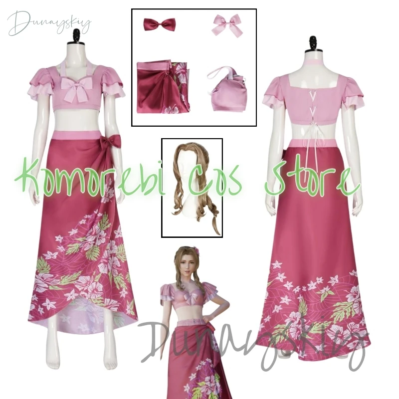 

Anime Game Rebirth Aerith Cosplay Costume Wigs Role Play Beach Suits Wome Pink Skirt Dress Up Party Clothes Halloween Party